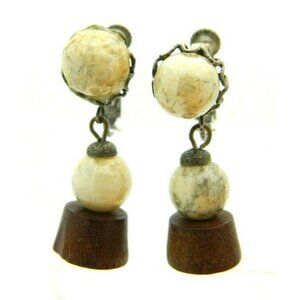 Miriam Haskell Beige Glass Wood Beaded Flower Gold Tone Clip Earrings Vintage